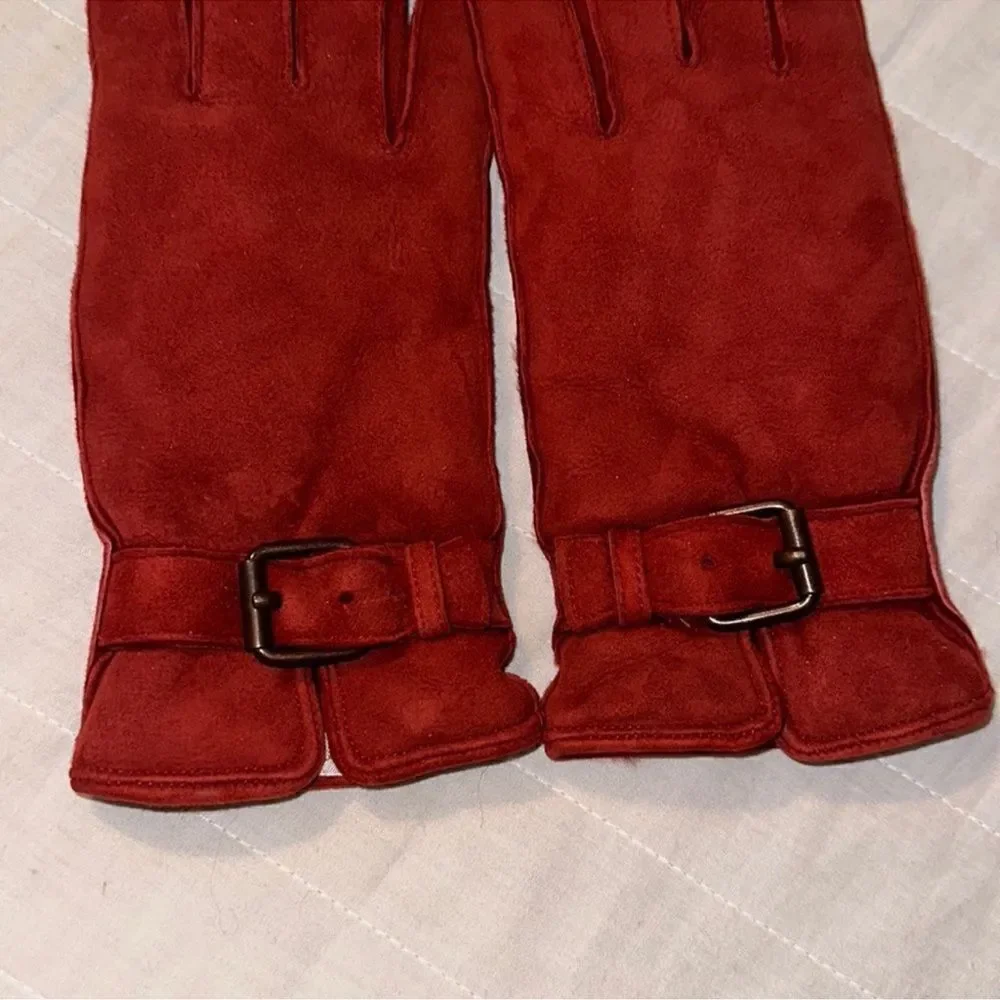 Escada OS Genuine Suede Leather Merlot Fur Lined Buckle Gloves
